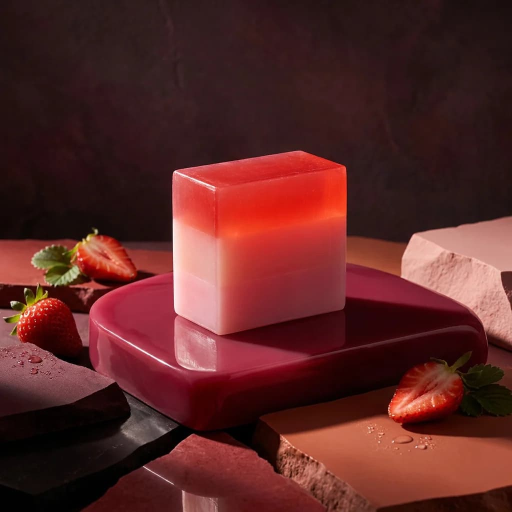 Savon parfumé à la fraise posé sur une ardoise, entouré de fraises et de fleurs